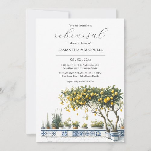 Blue and Yellow Lemon Wedding Rehearsal Dinner Invitation