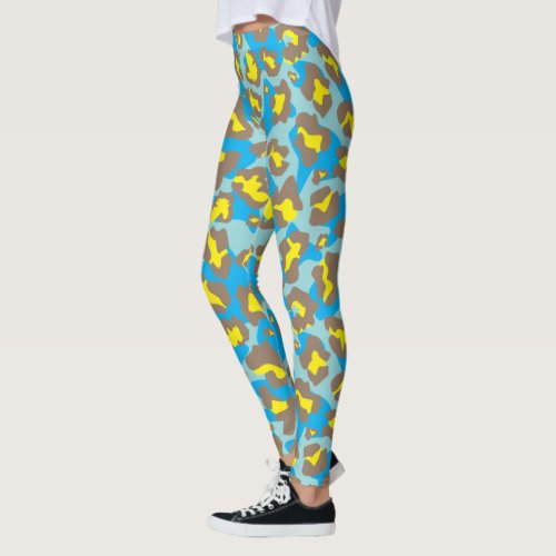 Blue and yellow leopard animal print leggings