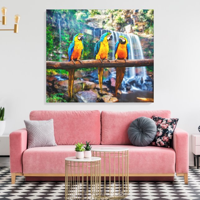 Blue and Yellow Macaw at Tropical Waterfall Canvas Print (Insitu(LivingRoom))
