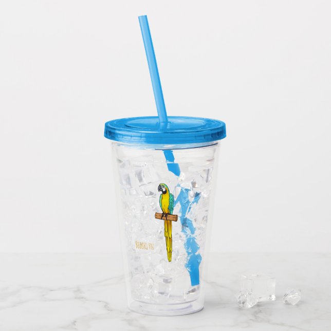 Blue-and-yellow macaw bird cartoon illustration acrylic tumbler (Front Ice)
