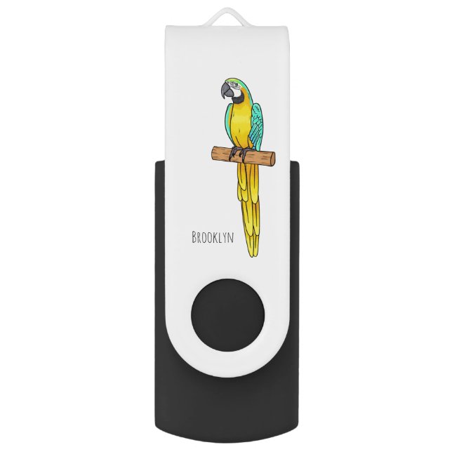 Blue-and-yellow macaw bird cartoon illustration flash drive (Front Vertical)