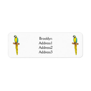 Blue-and-yellow macaw bird cartoon illustration label
