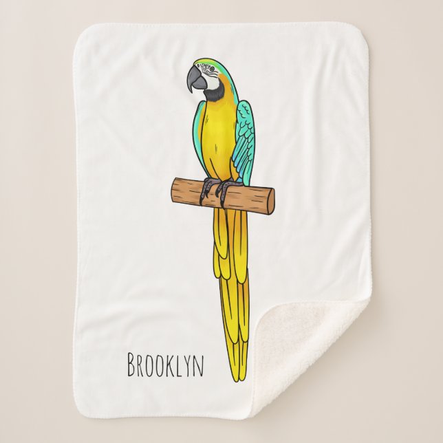 Blue-and-yellow macaw bird cartoon illustration sherpa blanket (Front)