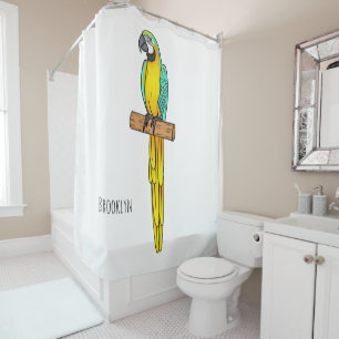 Blue-and-yellow macaw bird cartoon illustration shower curtain