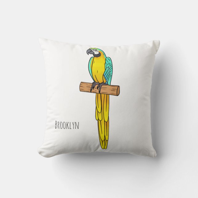 Blue-and-yellow macaw bird cartoon illustration  throw pillow (Front)