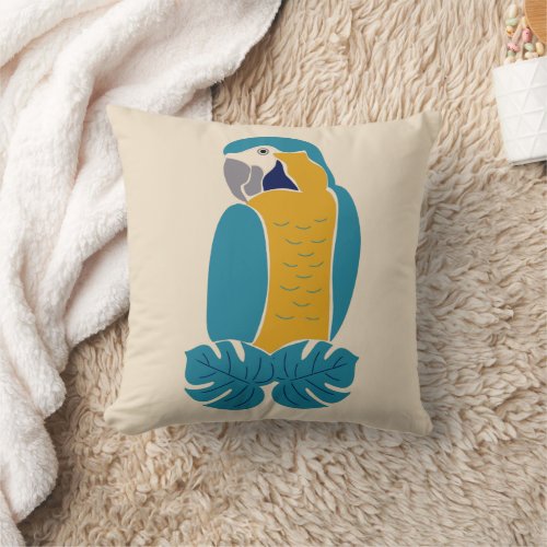 Blue and Yellow Macaw Bird Illustration Throw Pillow