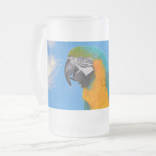 Blue and yellow macaw frosted glass beer mug
