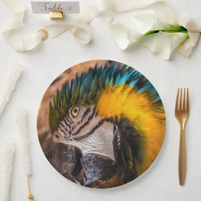 Blue and yellow macaw portrait paper plates (Wedding)