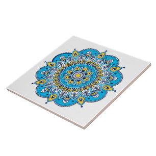 Blue and Yellow Mandala Ceramic Tile. Ceramic Tile