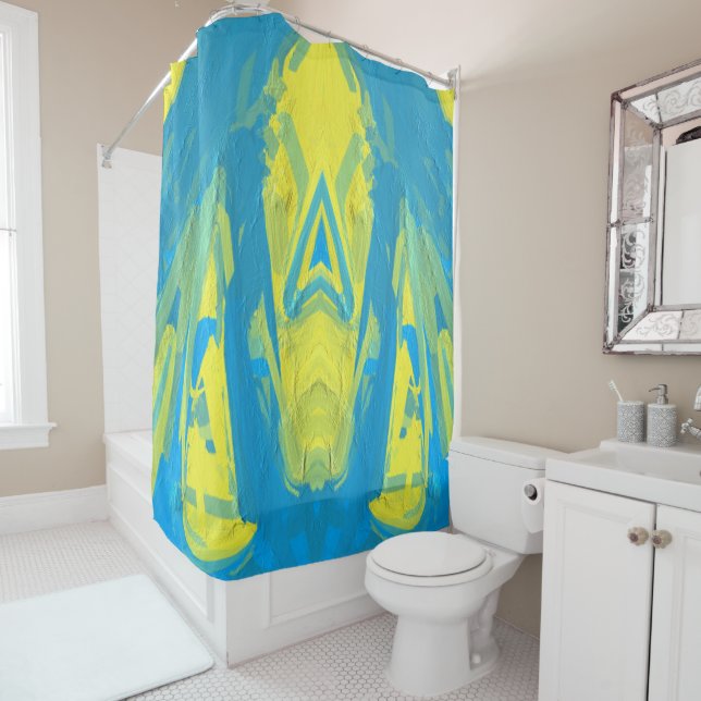 Blue and Yellow Mask shower curtain (In Situ)