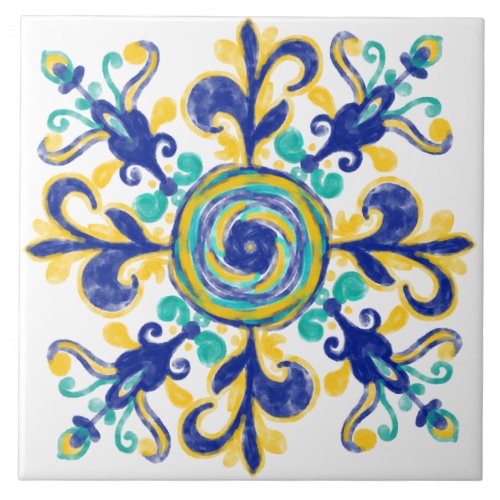 Blue And Yellow Mediterranean Decorative Pattern Ceramic Tile