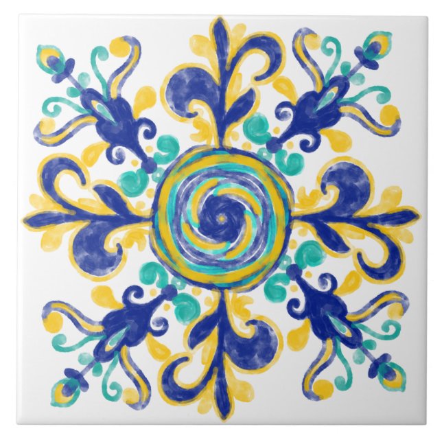 Blue And Yellow Mediterranean Decorative Pattern Ceramic Tile (Front)