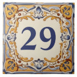Blue and Yellow Mediterranean House Number Plaque Ceramic Tile<br><div class="desc">"custom house number sign",  "personalized house number plaque",  "personal customized text plate",  "spanish design ceramic tile",  "mexican latino hispanic style",  "portuguese italian traditional folk art",  "blue yellow decorative ornate no",  "gold cream navy white",  "villa casa del della",  "antique vintage mediterranean abstract"</div>
