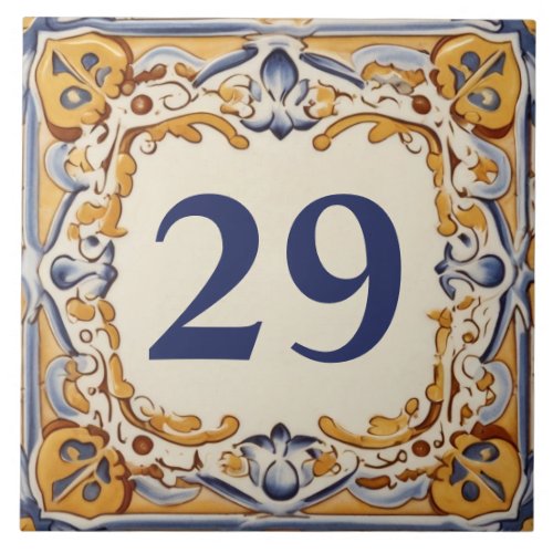 Blue and Yellow Mediterranean House Number Plaque Ceramic Tile