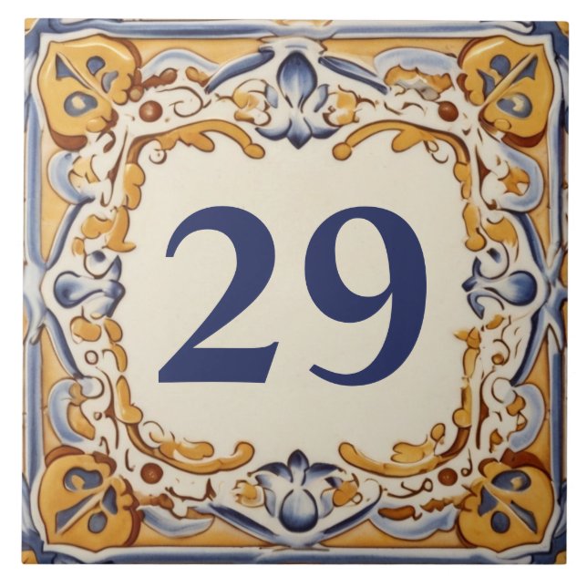 Blue and Yellow Mediterranean House Number Plaque Ceramic Tile (Front)