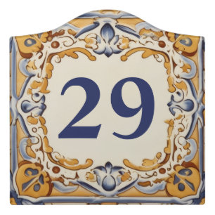 Blue and Yellow Mediterranean House Number Plaque Door Sign