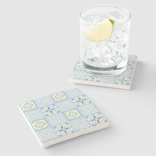 Blue and Yellow Mediterranean Italian Tile Stone Coaster (Side)