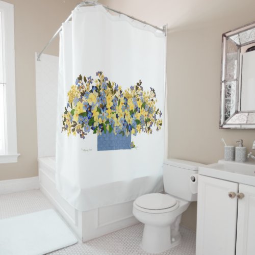Blue and Yellow Mixed Media Flower Bouquet Shower Curtain