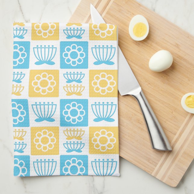 Blue and Yellow Modern Flower Pattern Kitchen Towel (Quarter Fold)