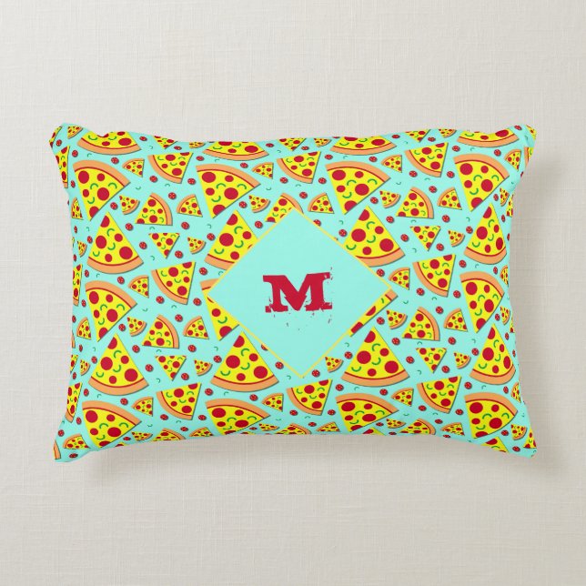 Blue and Yellow Monogram Pizza Slices Patterned Accent Pillow (Front)