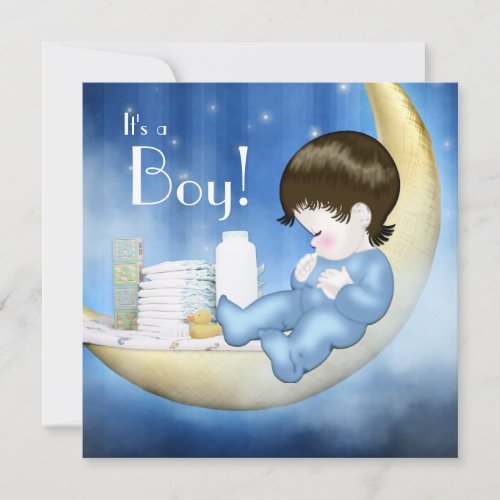 Blue Yellow Moon Baby Boy Shower Invitations