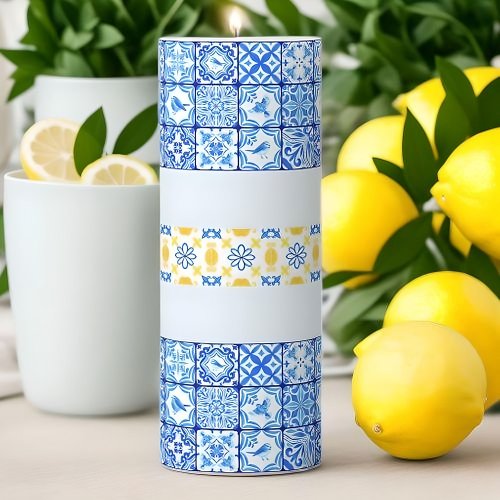 Blue and Yellow Moroccan Tile Pillar Candle