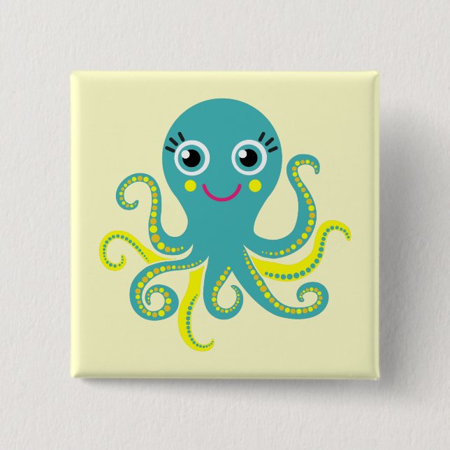 Blue and Yellow Octopus Pinback Button (Front)