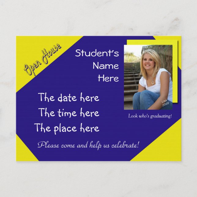 blue and yellow open house graduation postcard (Front)