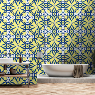 Blue and yellow oriental decor wallpaper