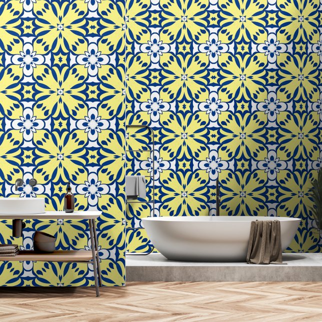 Blue and yellow oriental decor wallpaper  (Bathroom)