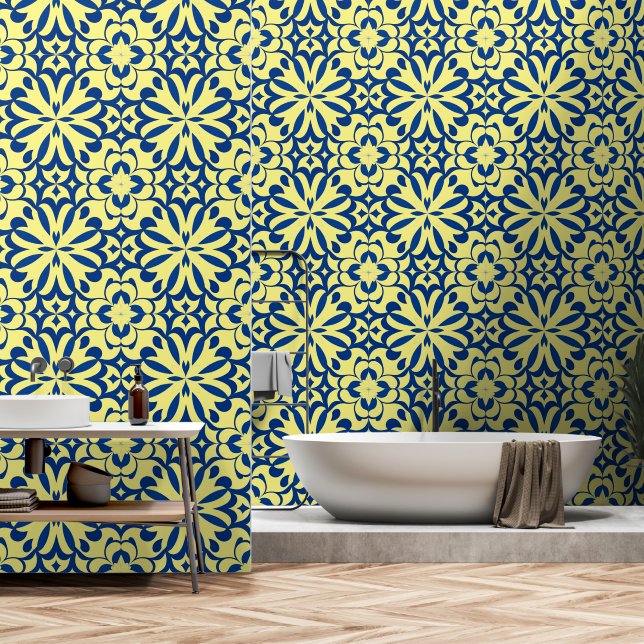 Blue and yellow oriental decor wallpaper  (Bathroom)