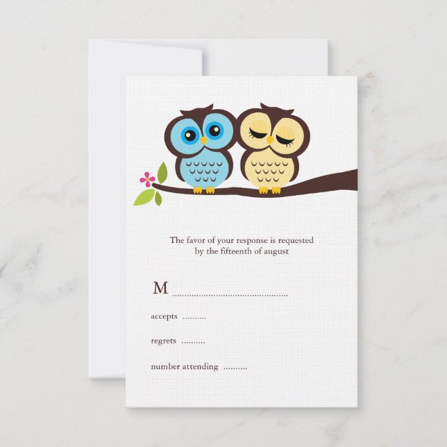 Blue and Yellow Owls Wedding RSVP Card (Front)
