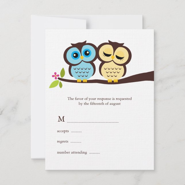 Blue and Yellow Owls Wedding RSVP Card (Front)