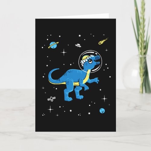 Blue And Yellow Pachycephalosaurus Dinos In Space Card