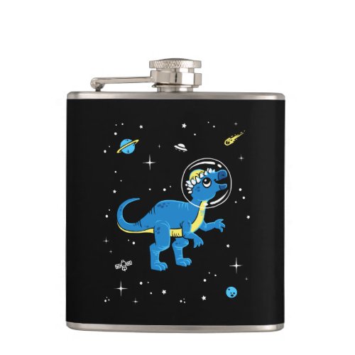 Blue And Yellow Pachycephalosaurus Dinos In Space Flask