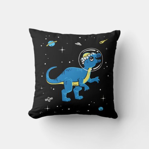 Blue And Yellow Pachycephalosaurus Dinos In Space Throw Pillow