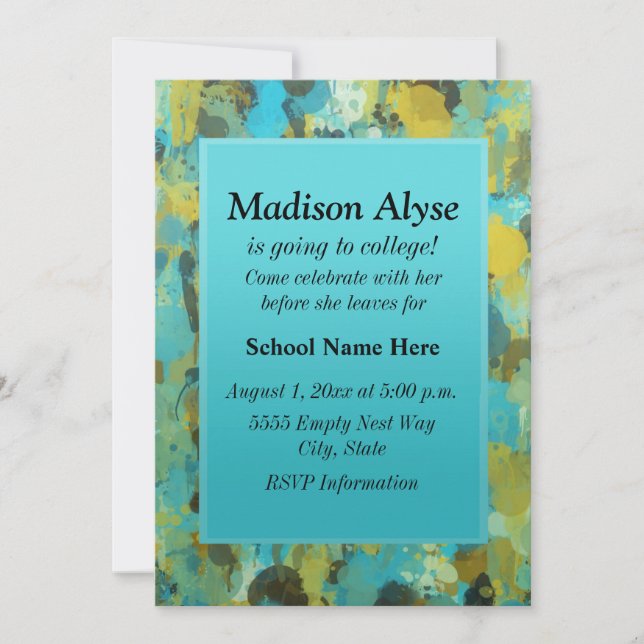 Blue and Yellow Paint "Off To College" Invite (Front)
