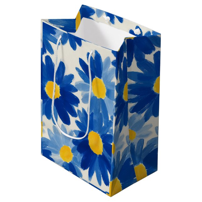 Blue and yellow painterly flowers medium gift bag (Front Angled)