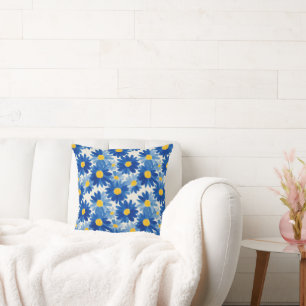 Blue and yellow painterly flowers throw pillow