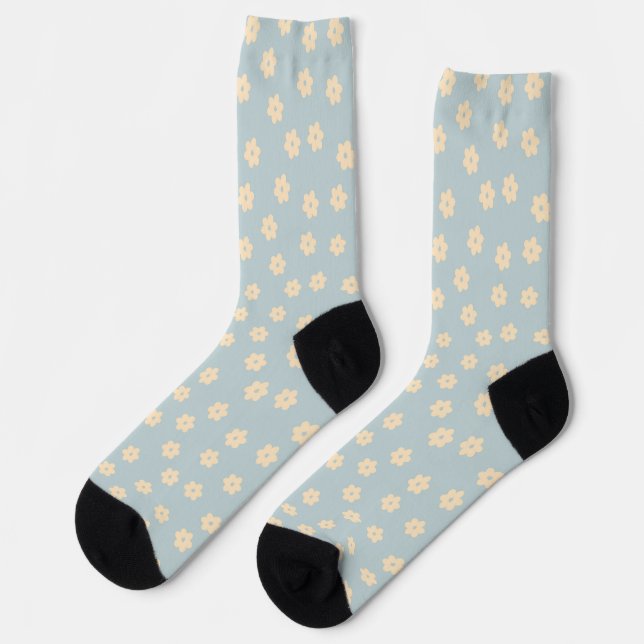 Blue and Yellow Pastel Daisy Flower Pattern Socks (Left)
