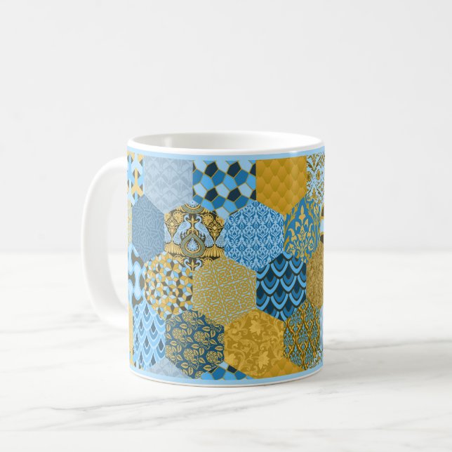 Blue and Yellow Patchwork Coffee Mug (Front Left)