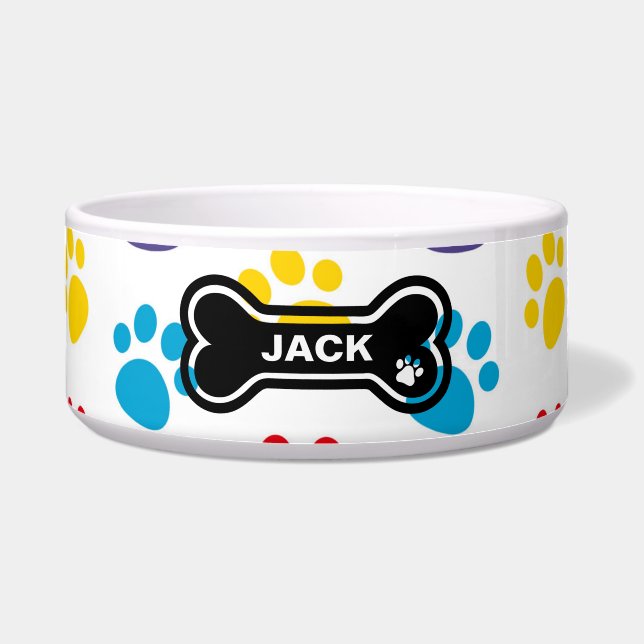 Blue and Yellow Paw Print Personalized dog bowl (Front)