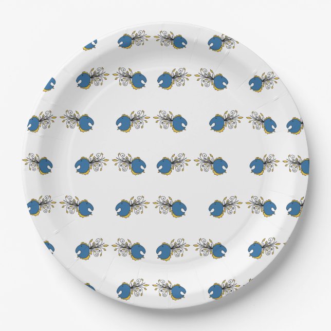 Blue and yellow peacock fish paper plates (Front)