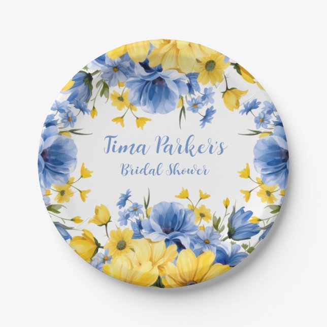 Blue and Yellow Peony Floral Bridal Shower Paper Plates (Front)