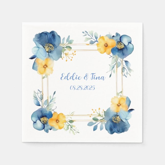 Blue and Yellow Peony Square Floral Wedding Napkins (Front)