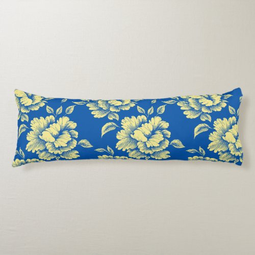 Blue and Yellow Peony Toile _ French Country Decor Body Pillow