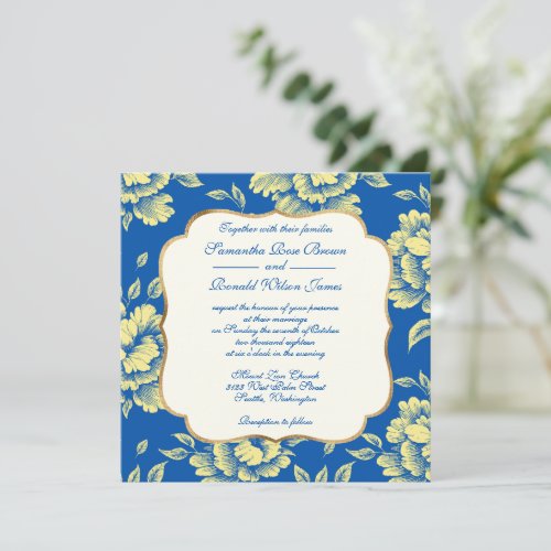 Blue and Yellow Peony Toile _ French Country Decor Invitation