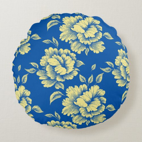 Blue and Yellow Peony Toile _ French Country Decor Round Pillow