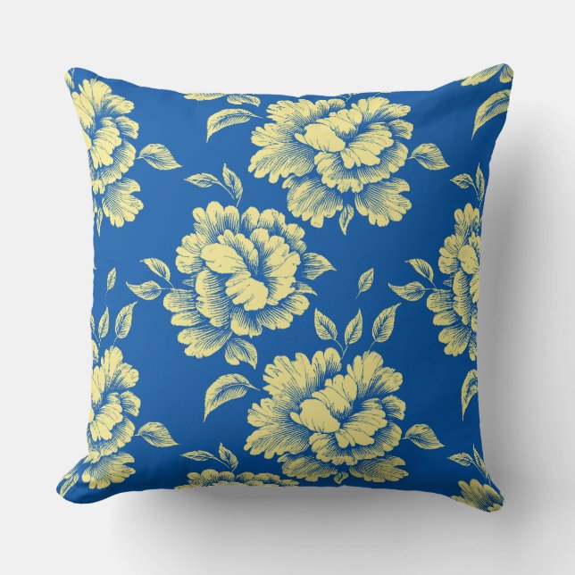 Blue and Yellow Peony Toile - French Country Decor Throw Pillow (Front)