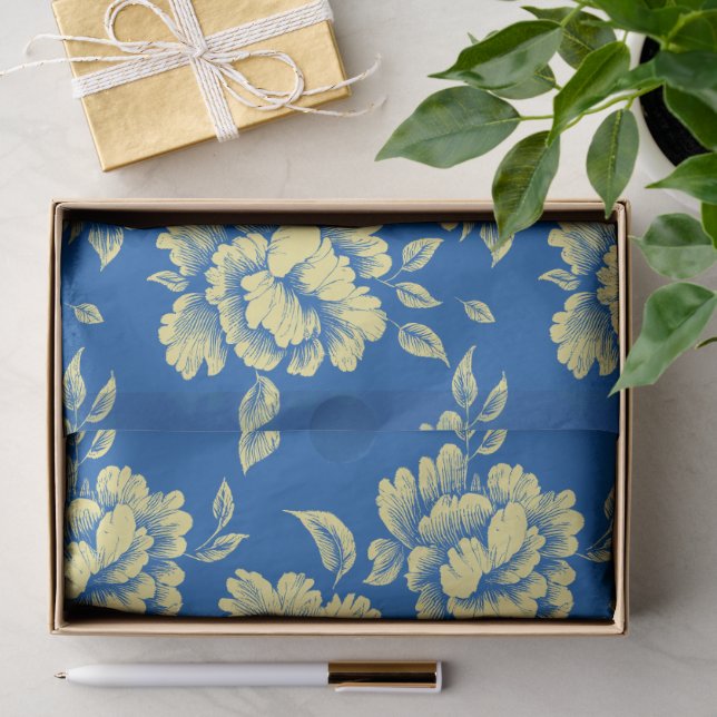 Blue and Yellow Peony Toile - French Country Decor Tissue Paper (Gift)